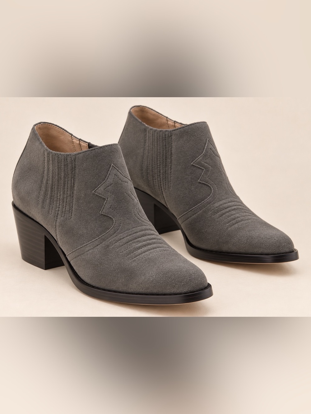 Joie Anthropologie Gray Suede western ankle booties block heel wingtip EU 37